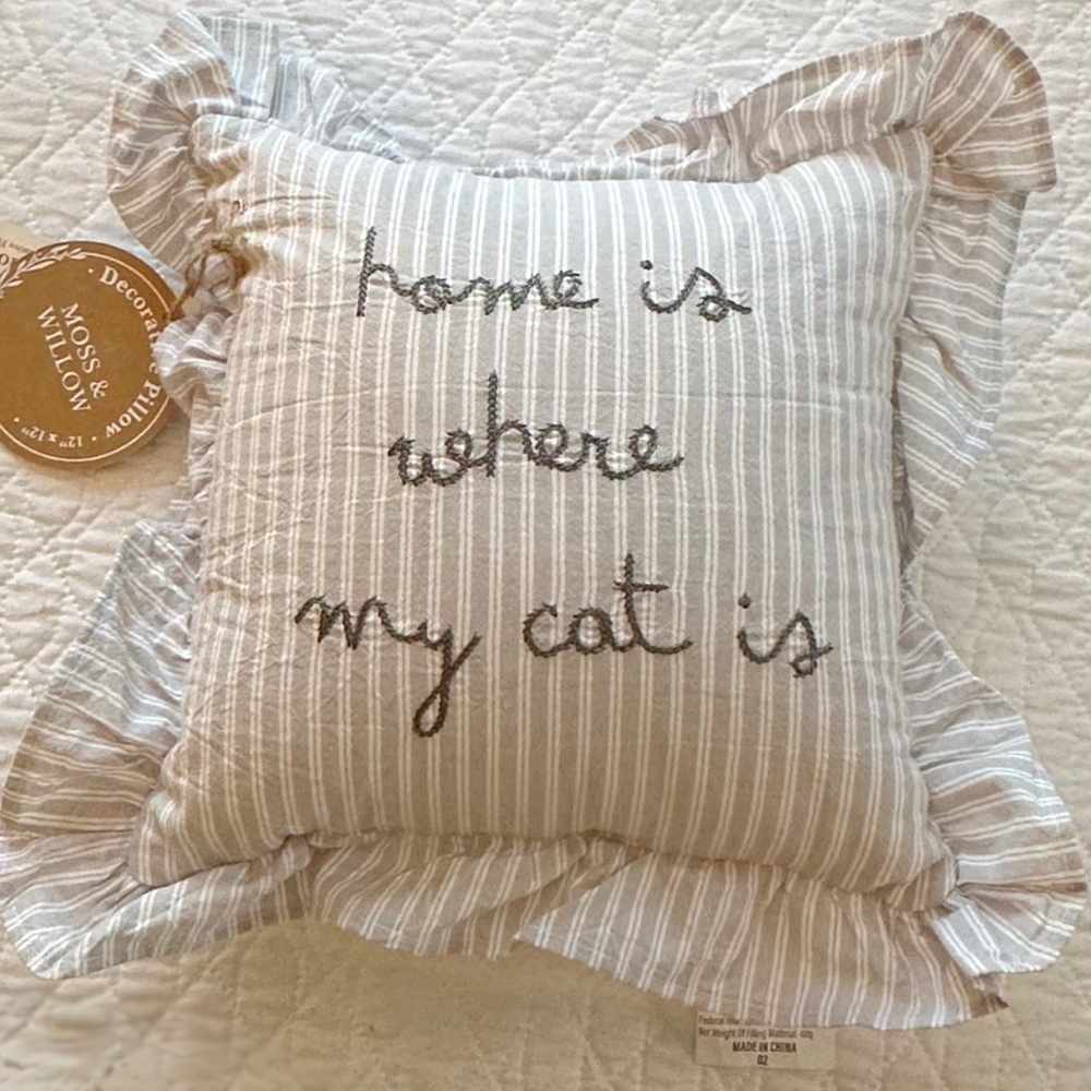 NWT Trending Moss & Willow “Home Is Where My Cat Is” Ruffle Pillow